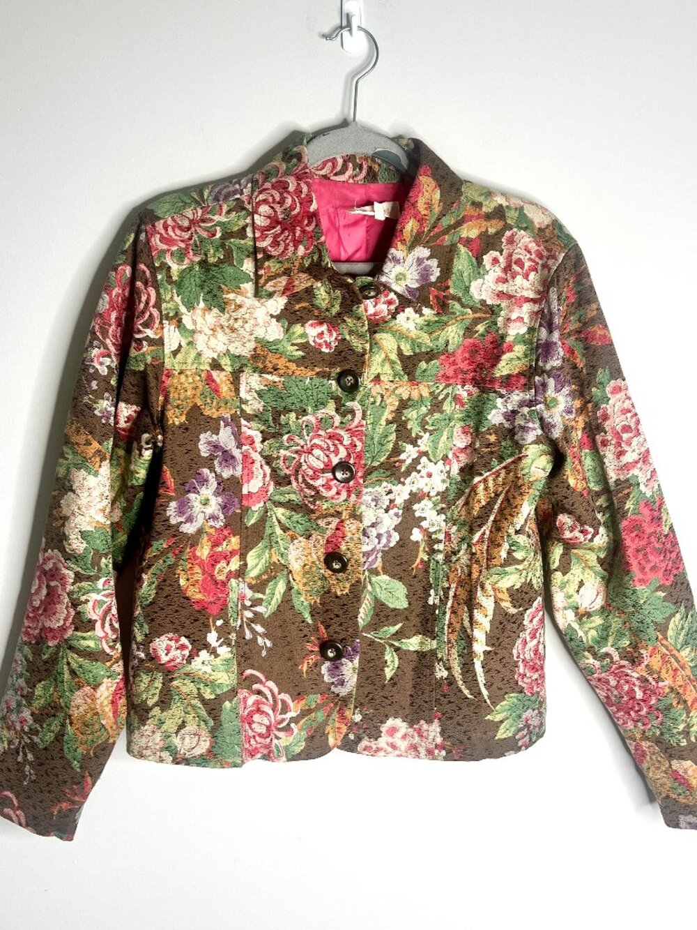 Solitaire Floral Tapestry Jacket Button-Up Cottagecore Vintage Garden Party Sz L